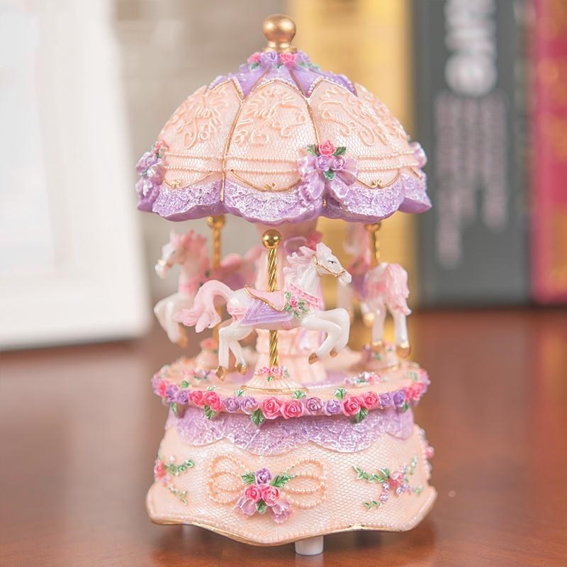 LED Light 3-Horse Carousel Music Box