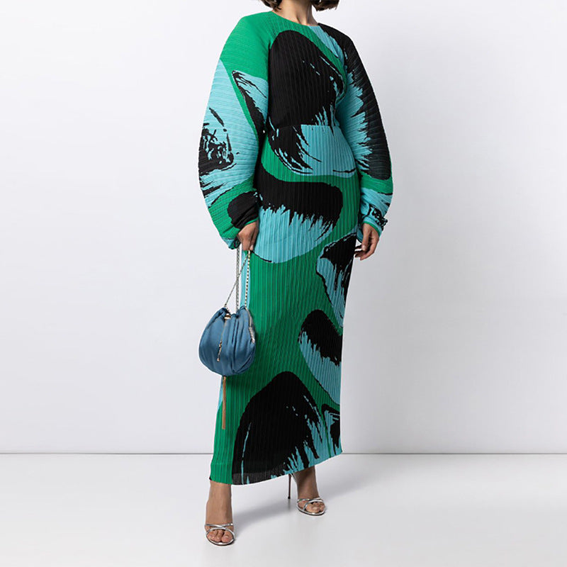 Oversized Long Sleeve Crinkled Print Dress