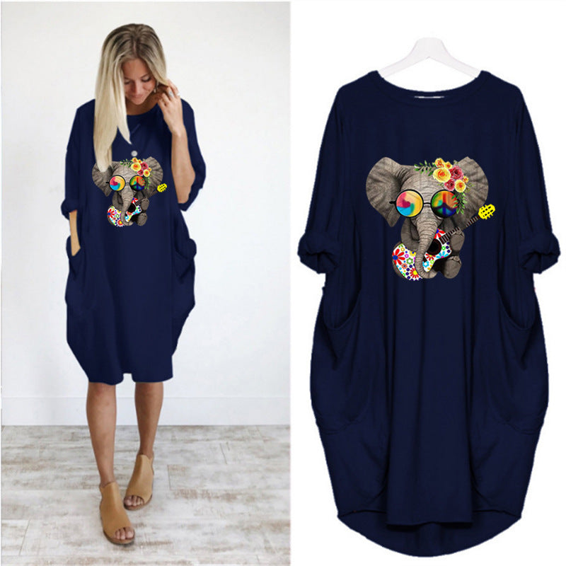 Oversized casual printed long-sleeved dress
