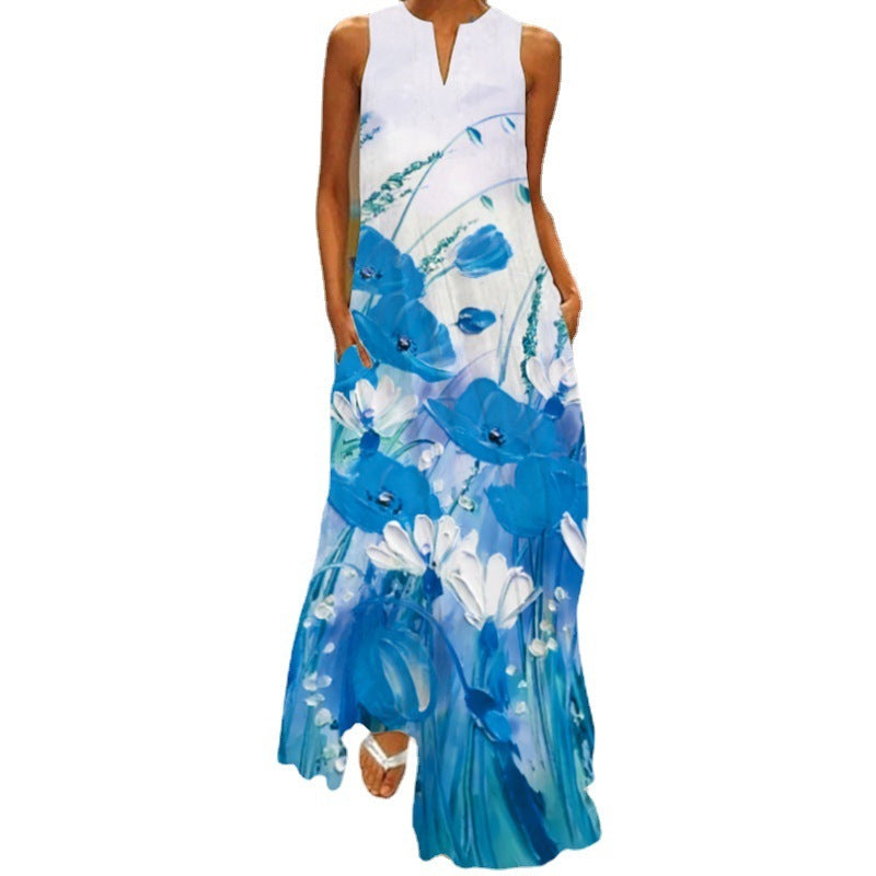 Printed Bohemian V-neck Loose Oversized Dress