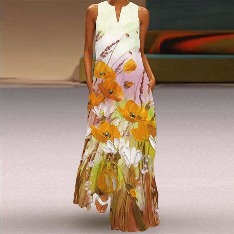 Printed Bohemian V-neck Loose Oversized Dress
