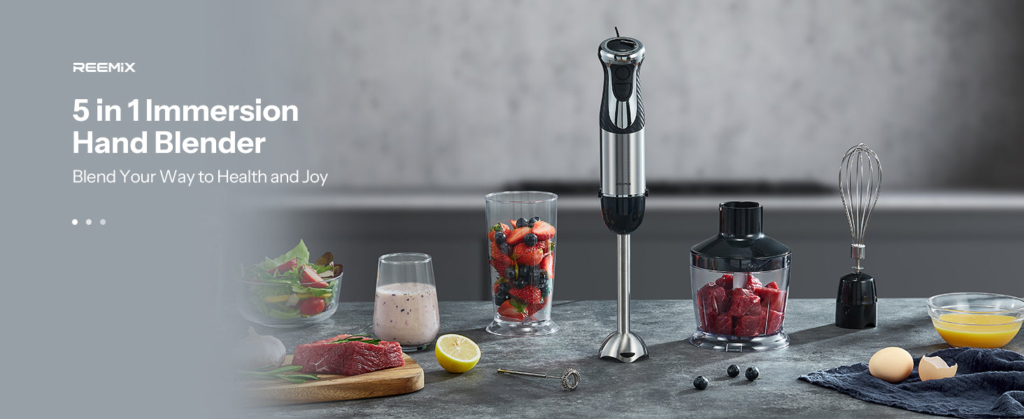 Hand Blender 1000W, Reemix 5-in-1 Electric Stick Blender, Copper Motor Stainless Steel Blade Stick Blender Mixer with Turbo Mode