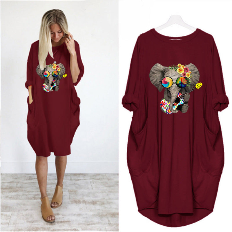Oversized casual printed long-sleeved dress