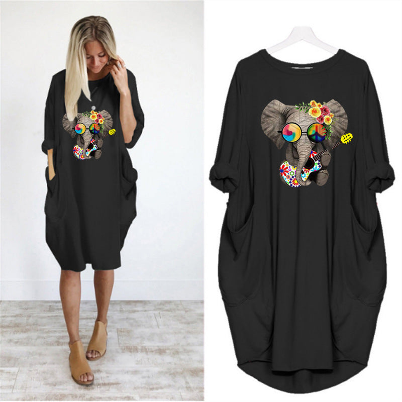 Oversized casual printed long-sleeved dress