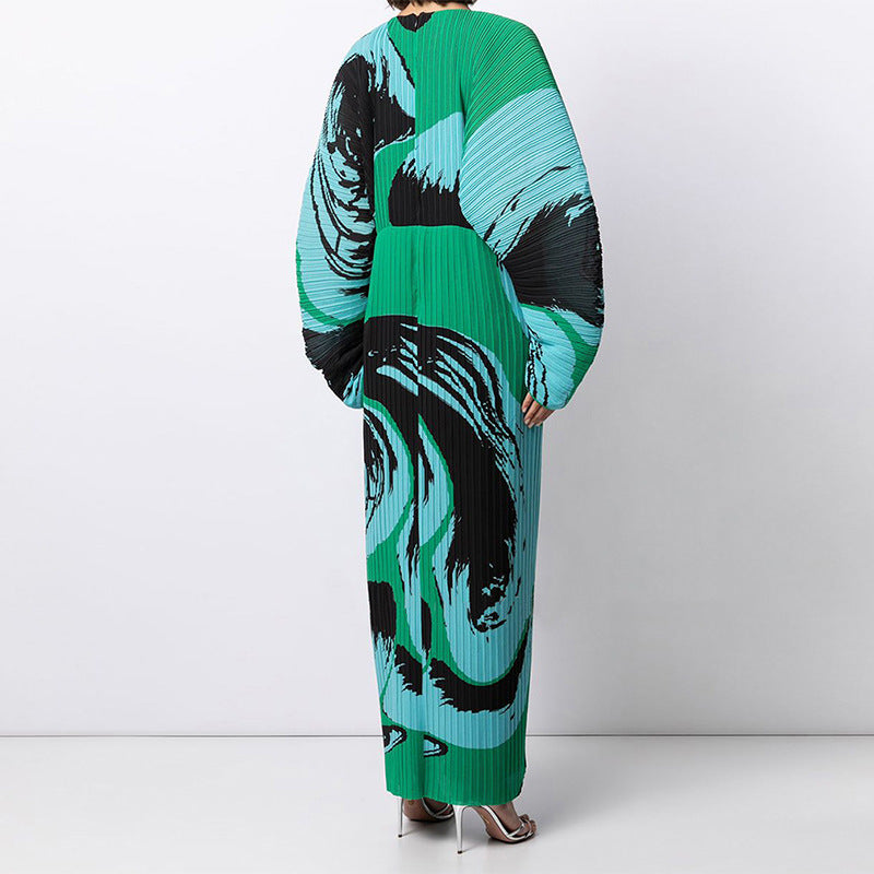 Oversized Long Sleeve Crinkled Print Dress
