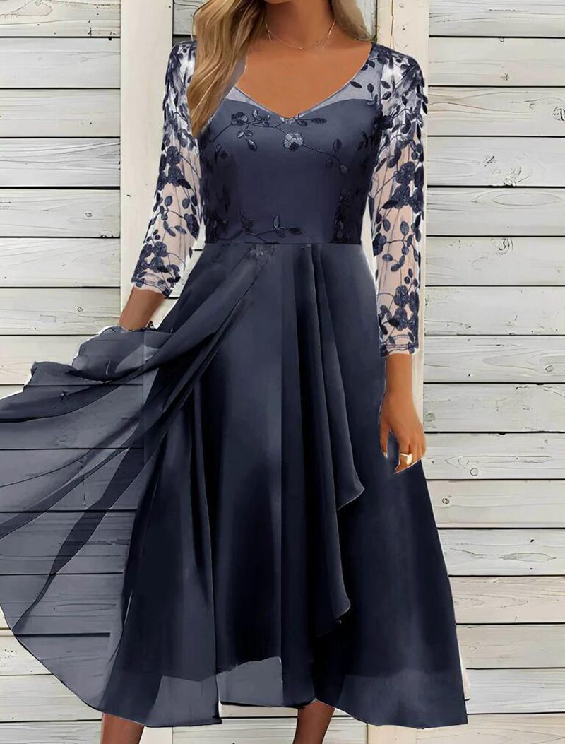 Oversized Chiffon V-neck Patchwork Mesh Dress