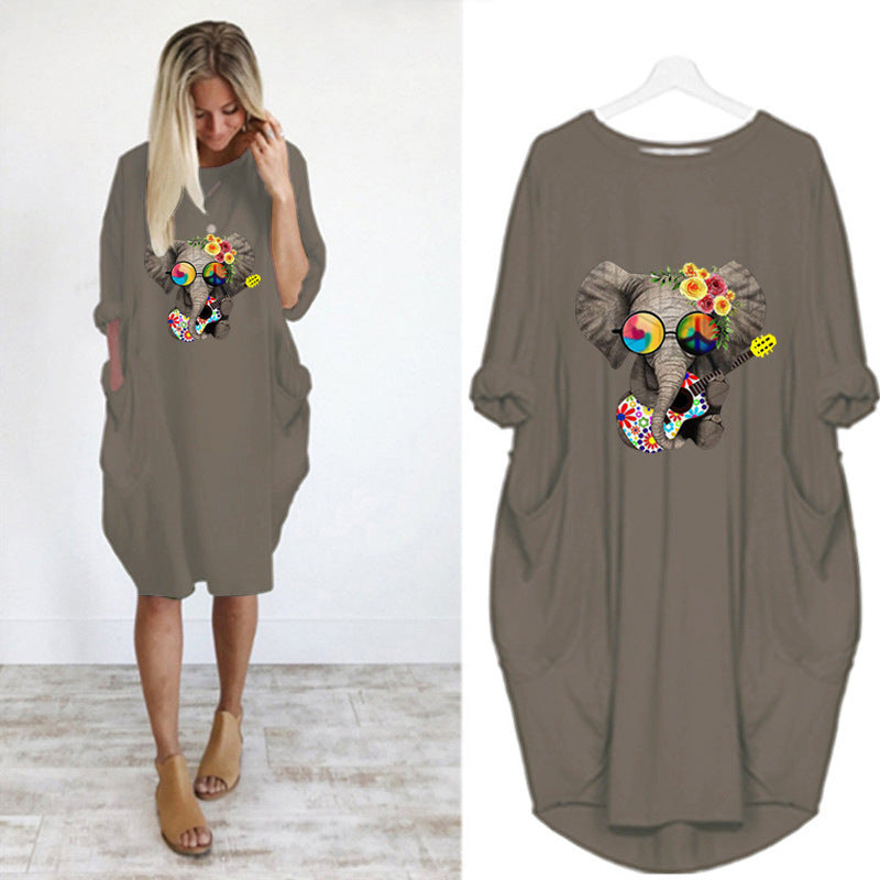 Oversized casual printed long-sleeved dress