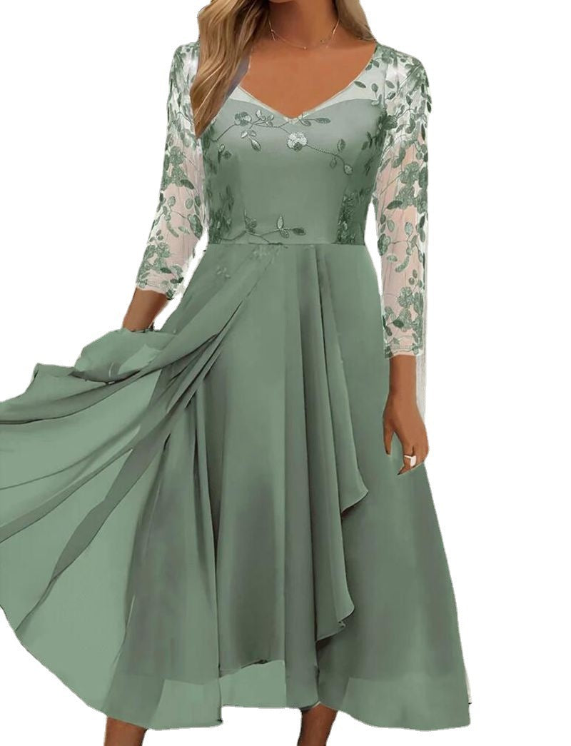 Oversized Chiffon V-neck Patchwork Mesh Dress