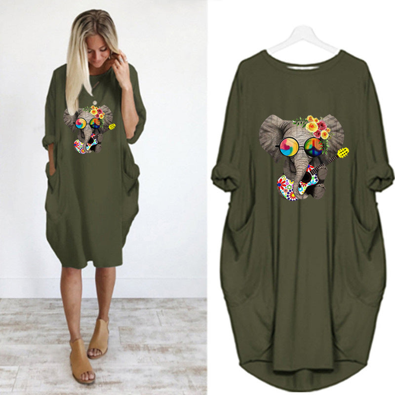 Oversized casual printed long-sleeved dress