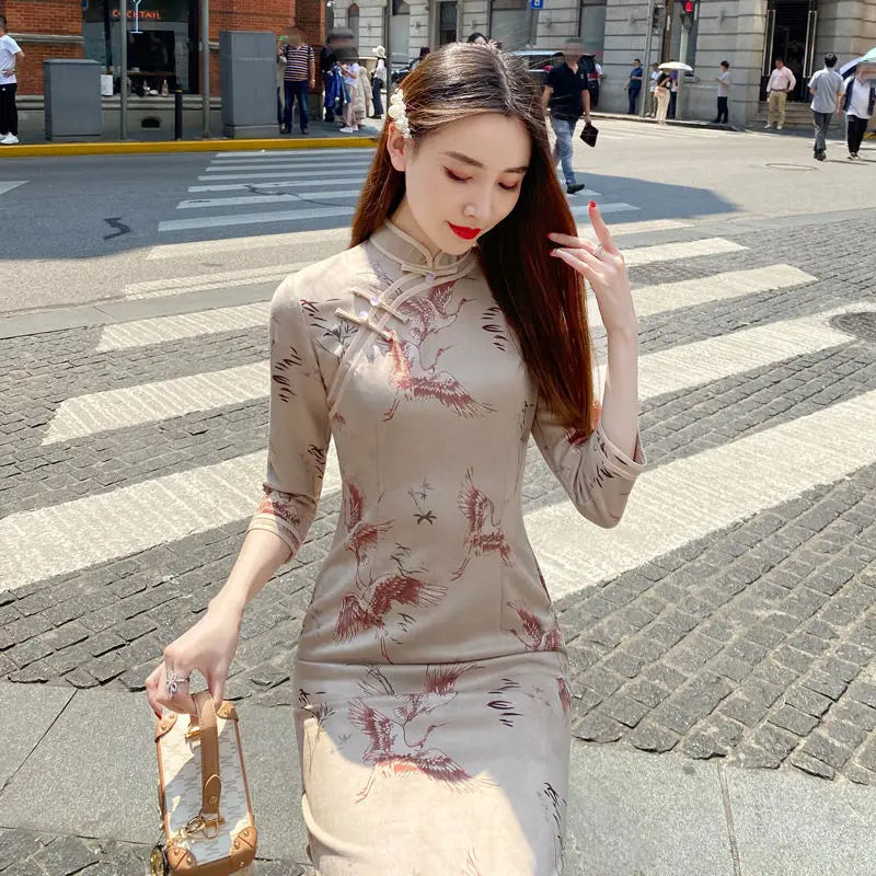 Chinese Style Vintage Autumn Women Cheongsam Slim Dress Elegant Temperament Spring Ladies Chic Stand Collar Traditional Dresses