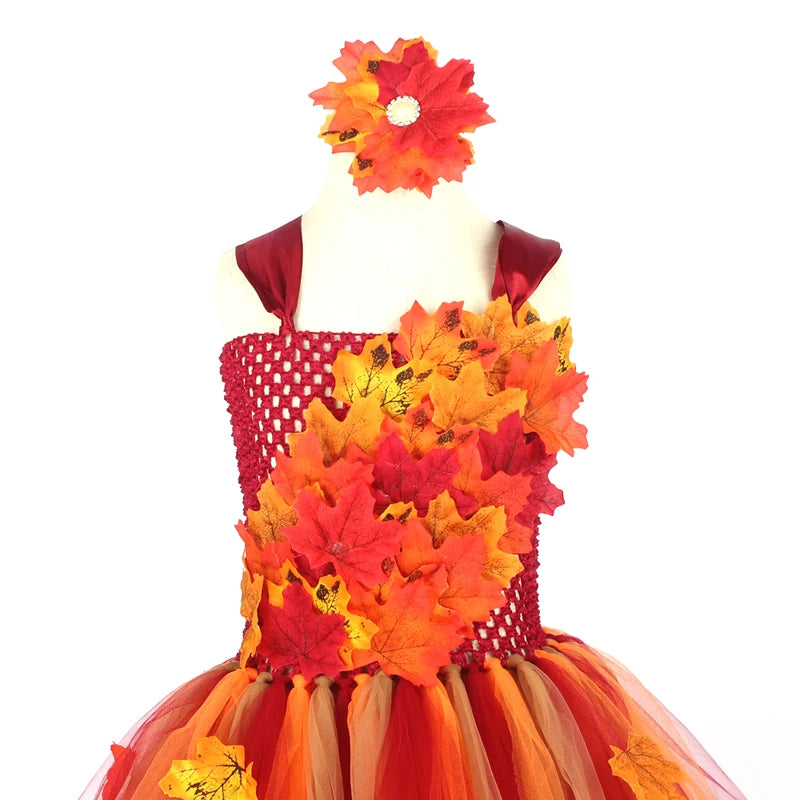 Fall Autumn Girls Tutu Dress Kids Maple Leaves Dress Up Halloween Costume Fancy Birthday Party Carnival Thanksgiving Clothes