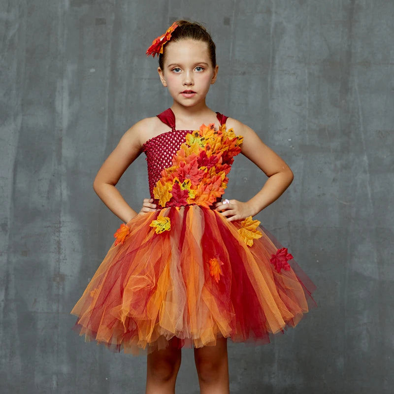 Fall Autumn Girls Tutu Dress Kids Maple Leaves Dress Up Halloween Costume Fancy Birthday Party Carnival Thanksgiving Clothes