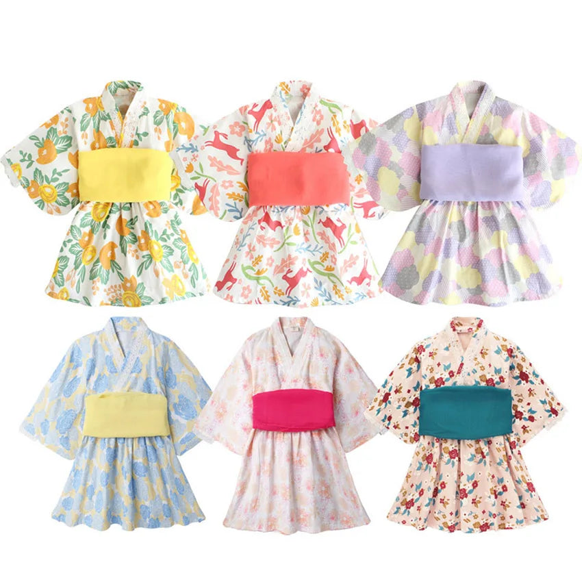 Baby Girl Rompers Japanese Style Kawaii Girls Floral Print Kimono Dress for Kids costume Infant Yukata Asian Clothes