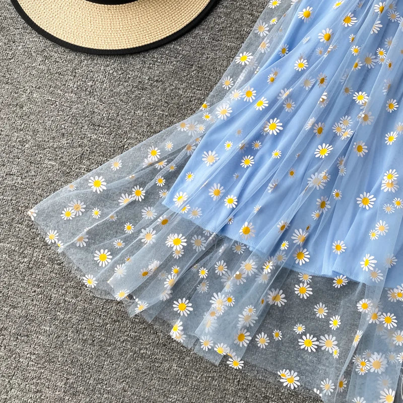 JMPRS Summer Beach Mesh Floral Dress Women Vintage Elegant Sexy Beach Sundress Woman Party Night Korean Kawaii Vestidos