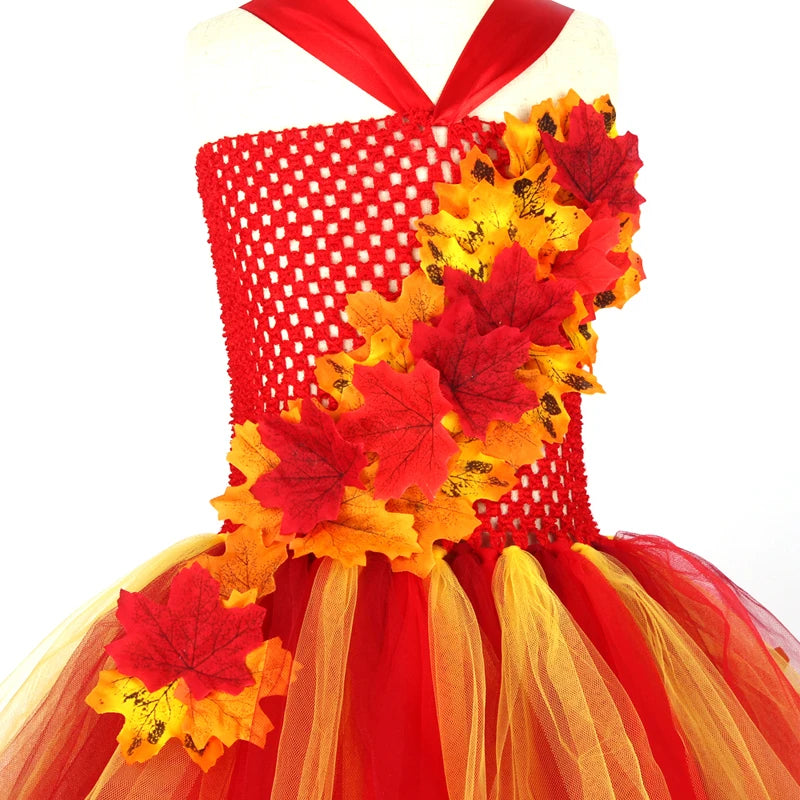 Fall Autumn Girls Tutu Dress Kids Maple Leaves Dress Up Halloween Costume Fancy Birthday Party Carnival Thanksgiving Clothes