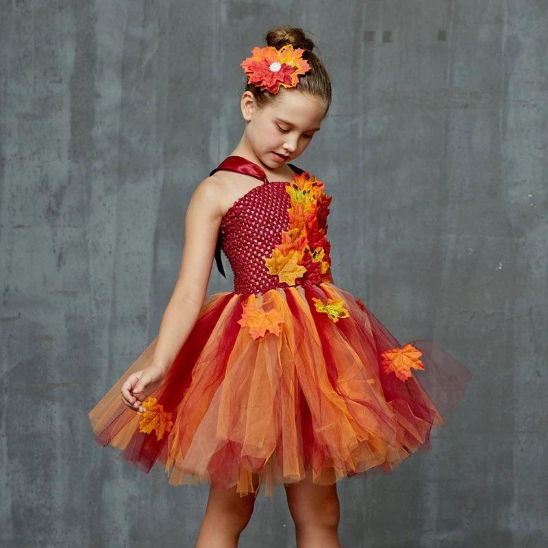 Fall Autumn Girls Tutu Dress Kids Maple Leaves Dress Up Halloween Costume Fancy Birthday Party Carnival Thanksgiving Clothes