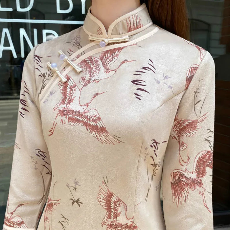 Chinese Style Vintage Autumn Women Cheongsam Slim Dress Elegant Temperament Spring Ladies Chic Stand Collar Traditional Dresses
