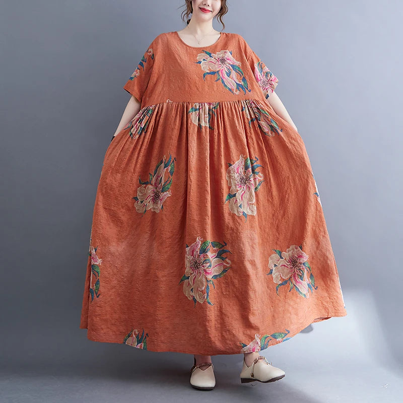 Oversized Flower Summer Beach Dress Women Cotton Long Ladies Dresses Korean Style Casual Boho Elegant Womens Dress 2024