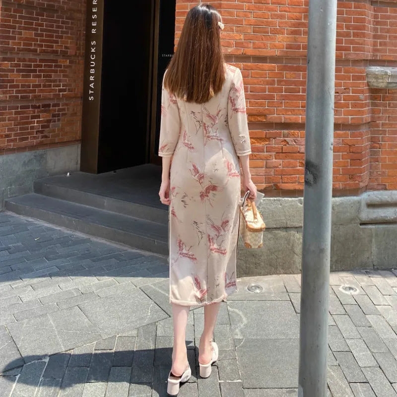 Chinese Style Vintage Autumn Women Cheongsam Slim Dress Elegant Temperament Spring Ladies Chic Stand Collar Traditional Dresses