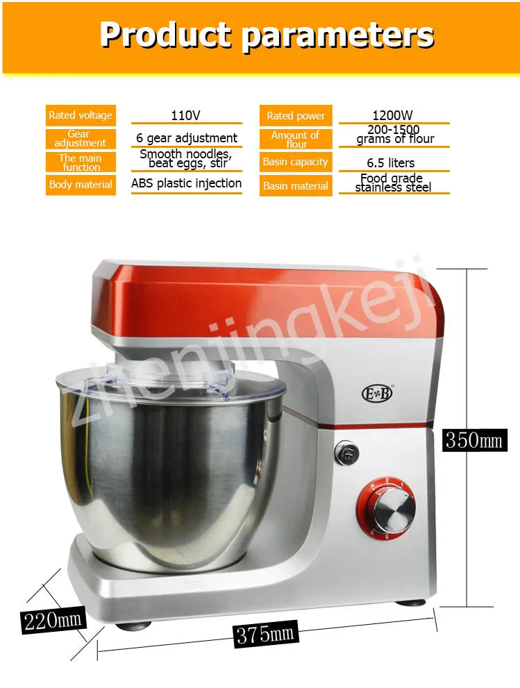 Egg Stirring Kneading Mixer 1200W Home 110V Voltage 6.5L Commercial Chef flour Mixer Food Mixer Stir Tools