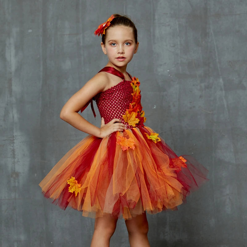 Fall Autumn Girls Tutu Dress Kids Maple Leaves Dress Up Halloween Costume Fancy Birthday Party Carnival Thanksgiving Clothes