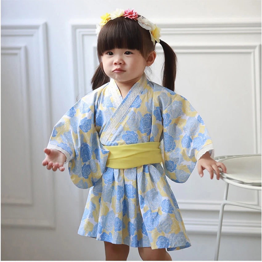 Baby Girl Rompers Japanese Style Kawaii Girls Floral Print Kimono Dress for Kids costume Infant Yukata Asian Clothes