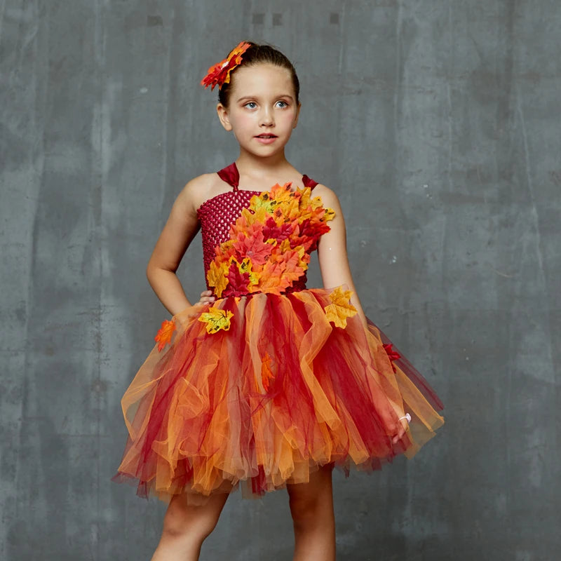 Fall Autumn Girls Tutu Dress Kids Maple Leaves Dress Up Halloween Costume Fancy Birthday Party Carnival Thanksgiving Clothes