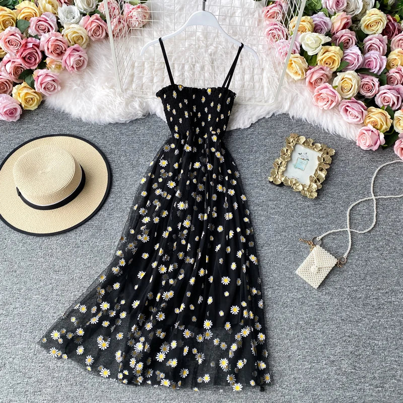 JMPRS Summer Beach Mesh Floral Dress Women Vintage Elegant Sexy Beach Sundress Woman Party Night Korean Kawaii Vestidos