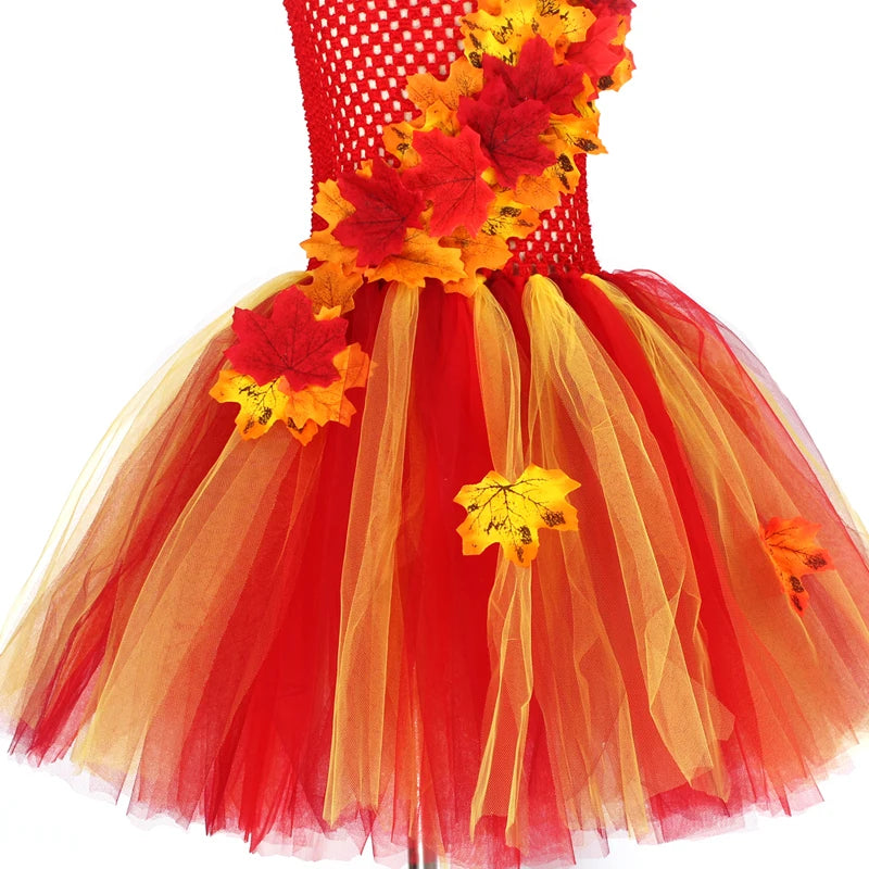 Fall Autumn Girls Tutu Dress Kids Maple Leaves Dress Up Halloween Costume Fancy Birthday Party Carnival Thanksgiving Clothes