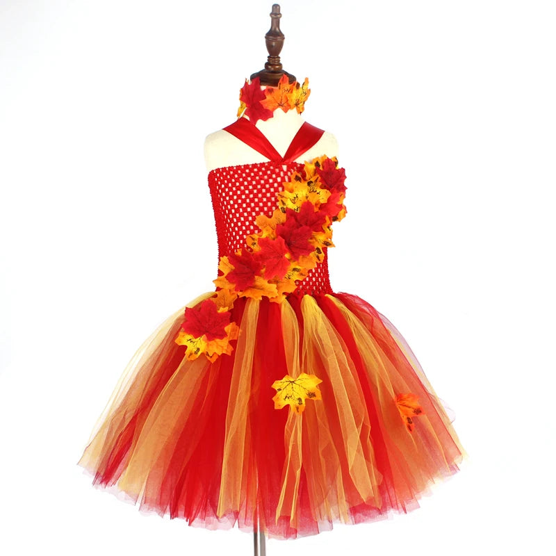 Fall Autumn Girls Tutu Dress Kids Maple Leaves Dress Up Halloween Costume Fancy Birthday Party Carnival Thanksgiving Clothes