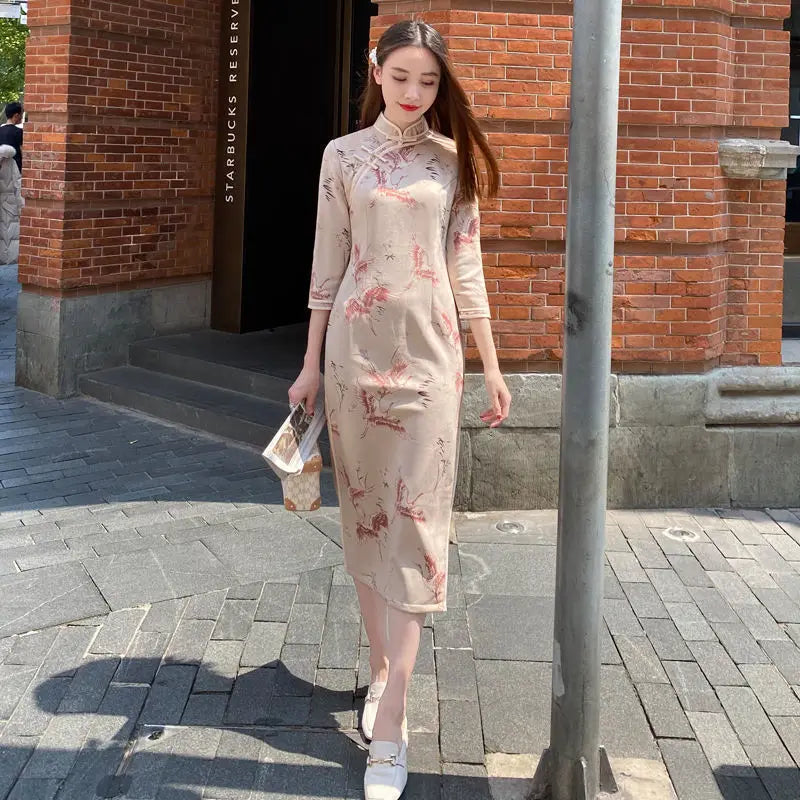 Chinese Style Vintage Autumn Women Cheongsam Slim Dress Elegant Temperament Spring Ladies Chic Stand Collar Traditional Dresses