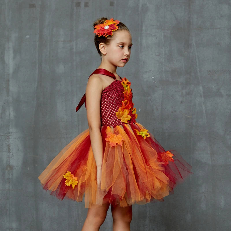 Fall Autumn Girls Tutu Dress Kids Maple Leaves Dress Up Halloween Costume Fancy Birthday Party Carnival Thanksgiving Clothes