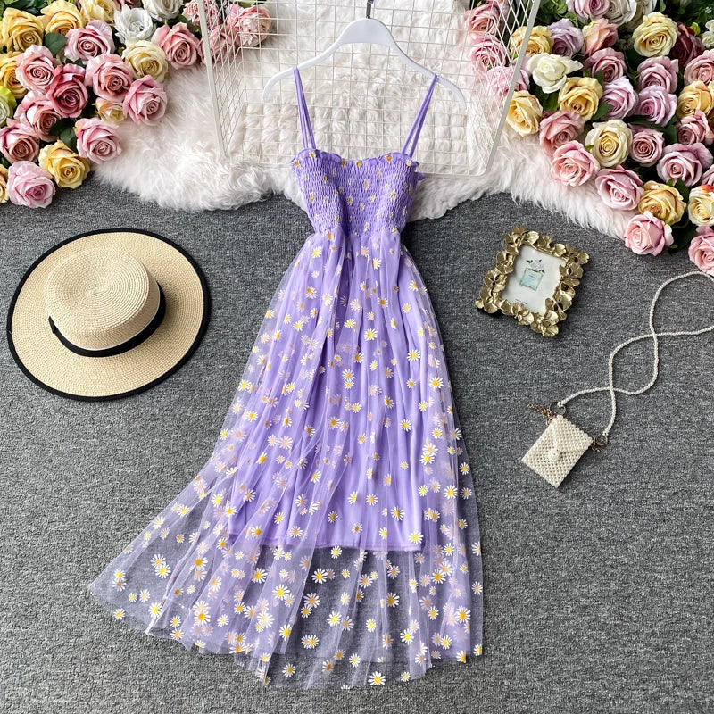 JMPRS Summer Beach Mesh Floral Dress Women Vintage Elegant Sexy Beach Sundress Woman Party Night Korean Kawaii Vestidos