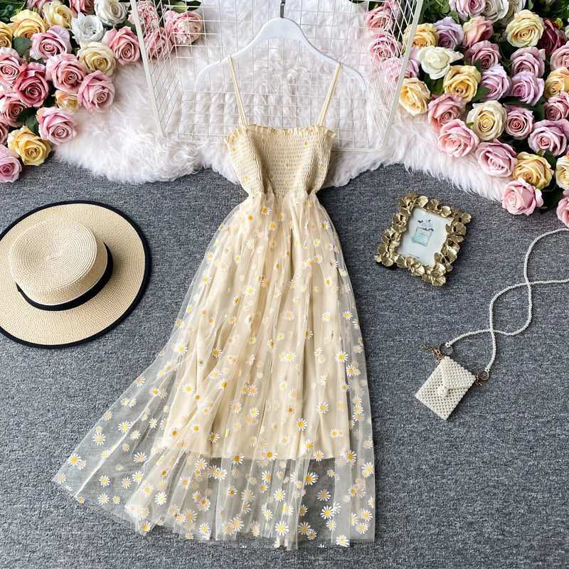 JMPRS Summer Beach Mesh Floral Dress Women Vintage Elegant Sexy Beach Sundress Woman Party Night Korean Kawaii Vestidos