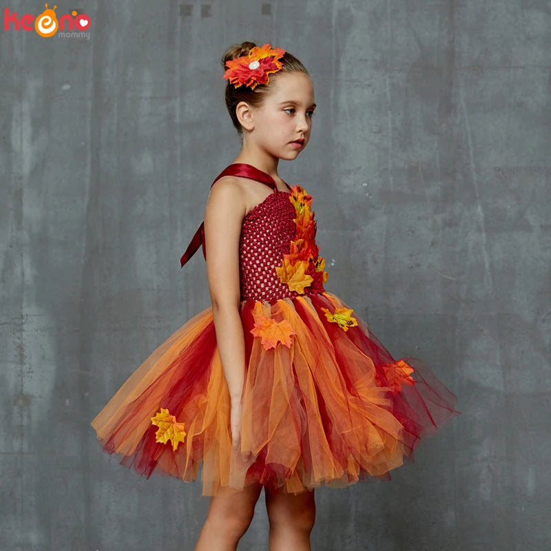 Fall Autumn Girls Tutu Dress Kids Maple Leaves Dress Up Halloween Costume Fancy Birthday Party Carnival Thanksgiving Clothes