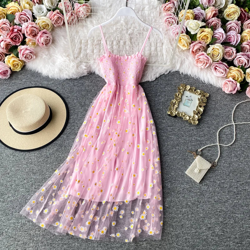 JMPRS Summer Beach Mesh Floral Dress Women Vintage Elegant Sexy Beach Sundress Woman Party Night Korean Kawaii Vestidos