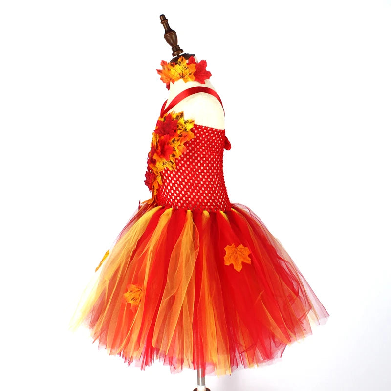 Fall Autumn Girls Tutu Dress Kids Maple Leaves Dress Up Halloween Costume Fancy Birthday Party Carnival Thanksgiving Clothes