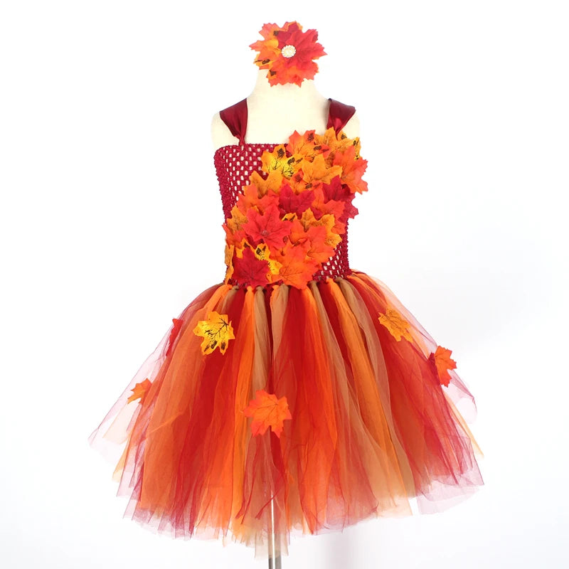 Fall Autumn Girls Tutu Dress Kids Maple Leaves Dress Up Halloween Costume Fancy Birthday Party Carnival Thanksgiving Clothes