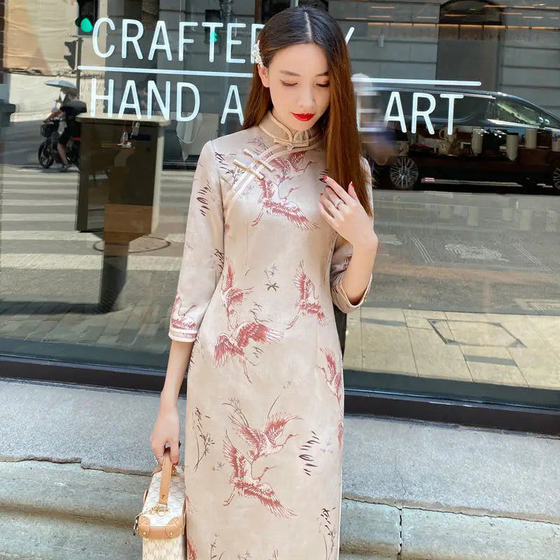 Chinese Style Vintage Autumn Women Cheongsam Slim Dress Elegant Temperament Spring Ladies Chic Stand Collar Traditional Dresses