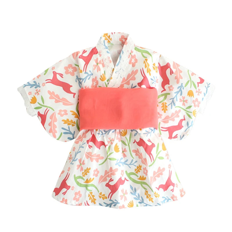 Baby Girl Rompers Japanese Style Kawaii Girls Floral Print Kimono Dress for Kids costume Infant Yukata Asian Clothes