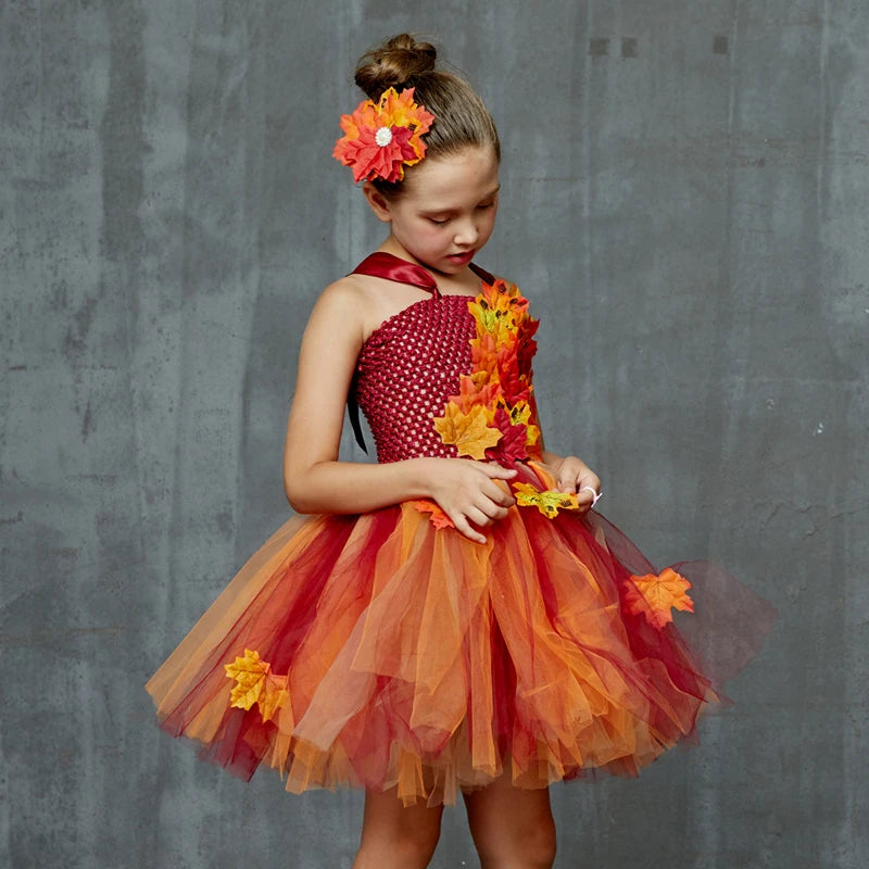 Fall Autumn Girls Tutu Dress Kids Maple Leaves Dress Up Halloween Costume Fancy Birthday Party Carnival Thanksgiving Clothes