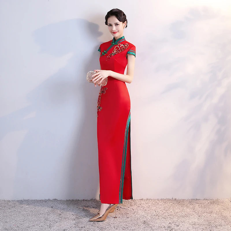 S-5XL Grren Party Cheongsam Vintage Chinese Style Spring Long Evening Dress Oriental Woman Elegant Qipao Vestido