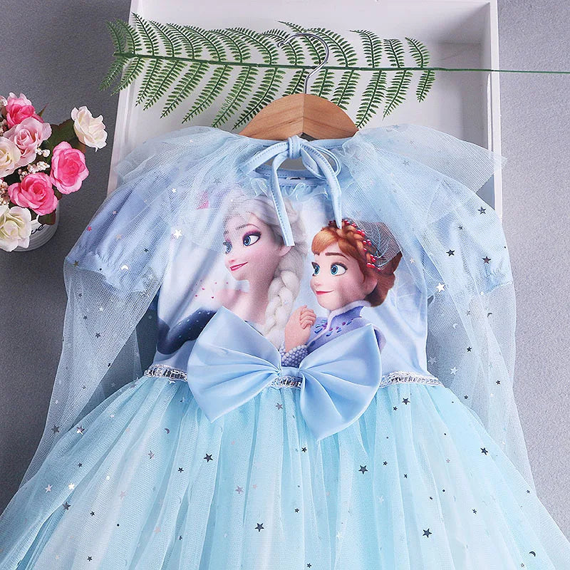 Disney Elsa Princess Dress with Cape Girls Dress Summer Kids Short Sleeve for Children's Western Style Frozen Party Costume 2-8Y