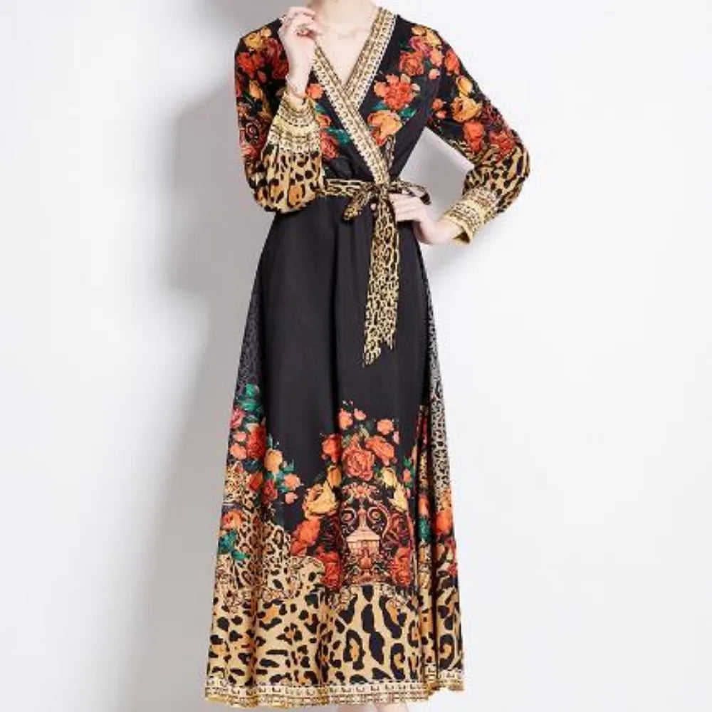 Retro Print Elegant Lace Up Dress A-line Long  Sleeve V Neck Vacation Party Dress Women Autumn Spring Vestidos