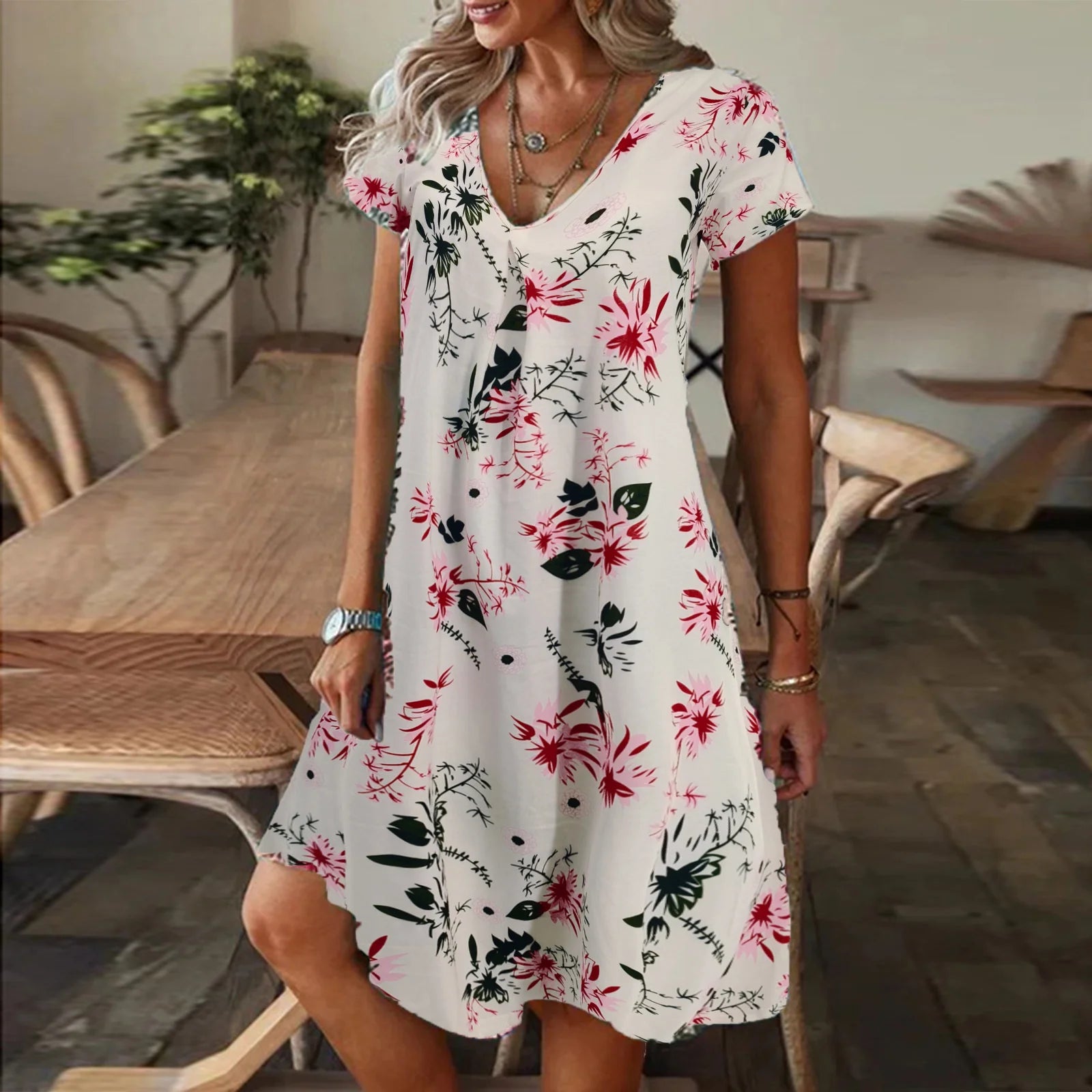 Summer Women's Casual V-neck Loose Print Short Sleeve Dress