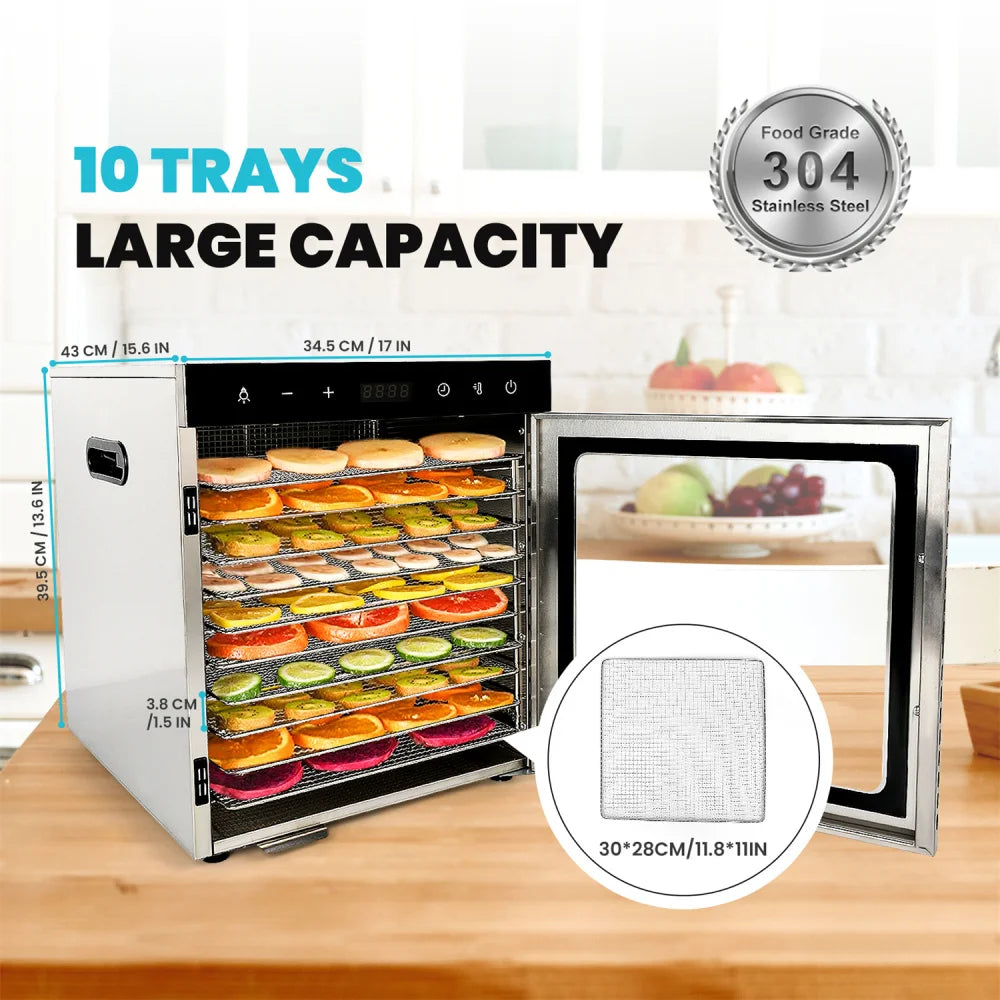 Food Dehydrator 800W Dehydrated Dryer 10 Stainless Steel Trays 24H Timer Temperature Control for Herbs, Meat, Fruit, and Yogurt