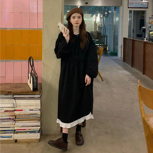 Nomikuma Autumn New Korean Style Dress Women Ruffles Patchwork O Neck Long Sleeve Dresses Slim Waist Elegant Vestidos Mujer