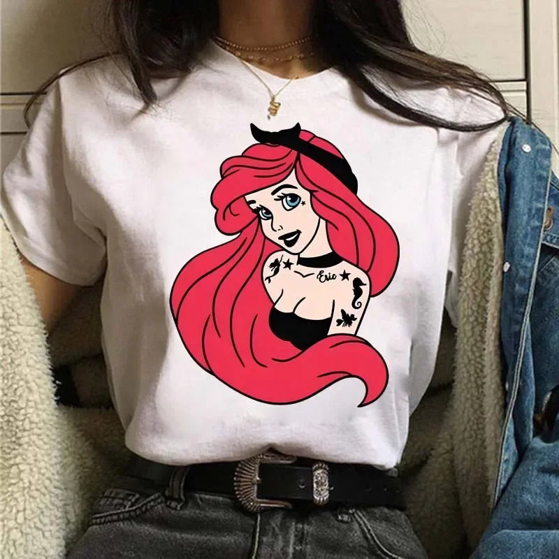 Punk Princess Printed Pattern Tee Mermaid Ariel Kawaii Girls T-Shirt Streetwear Womens Tops Cute Harajuku T-Shirt