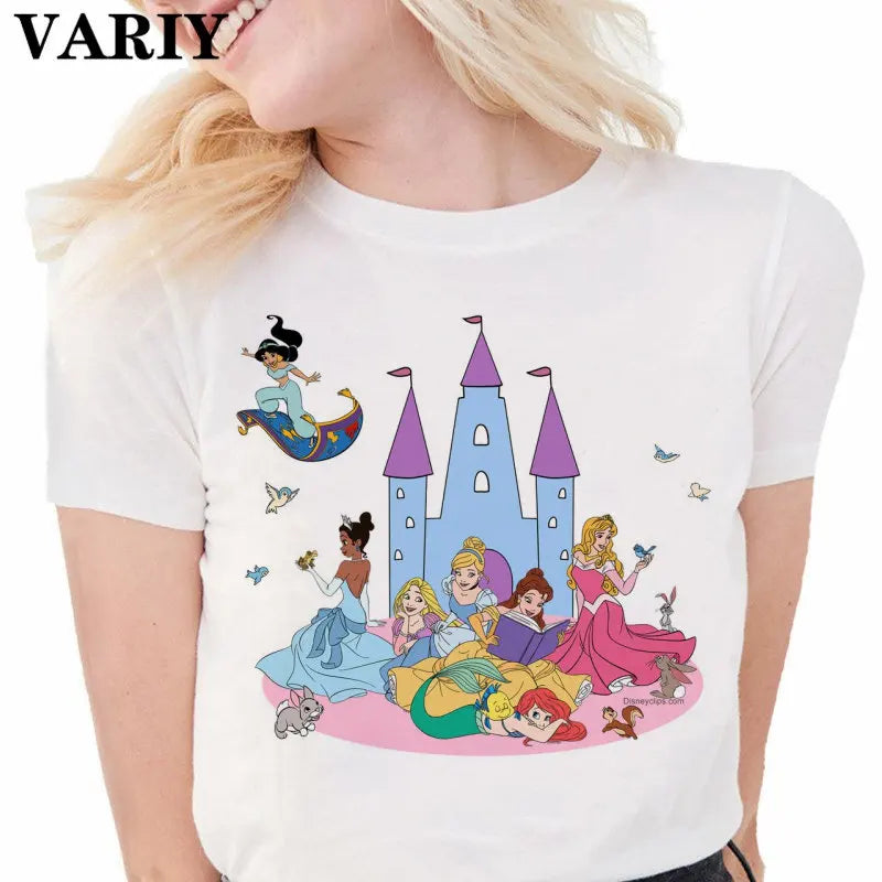 Princess Castle Balloons Shirt Women Funny T Shirt Ariel Belle Rapunzel Mermaid Graphic Ulzzang T-Shirt 90S Aesthetic Tee Female