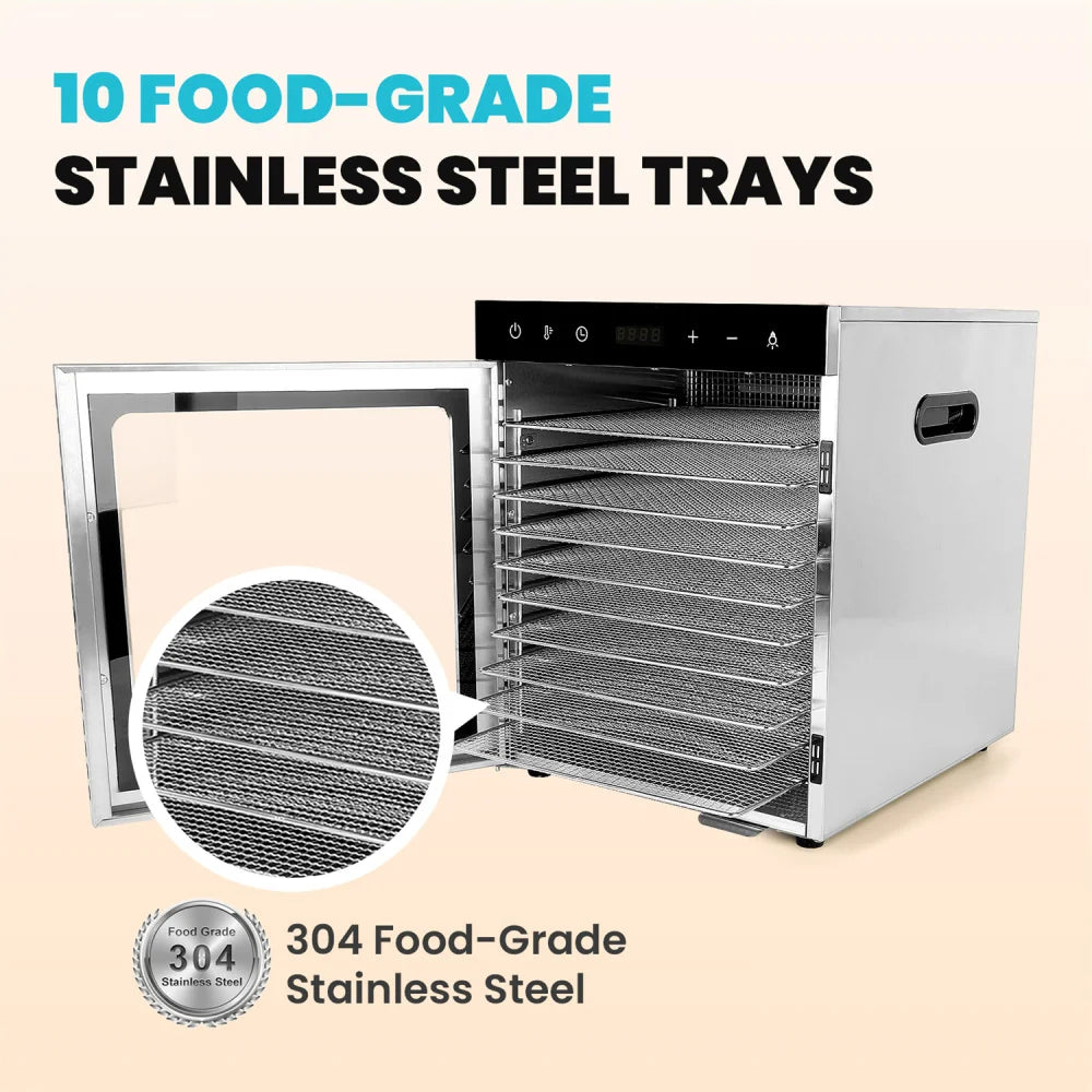 Food Dehydrator 800W Dehydrated Dryer 10 Stainless Steel Trays 24H Timer Temperature Control for Herbs, Meat, Fruit, and Yogurt